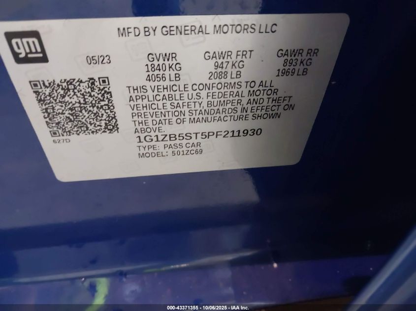 2023 Chevrolet Malibu Fwd Ls VIN: 1G1ZB5ST5PF211930 Lot: 43371355