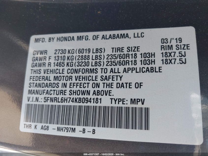 2019 Honda Odyssey Ex-L VIN: 5FNRL6H74KB094181 Lot: 43371357