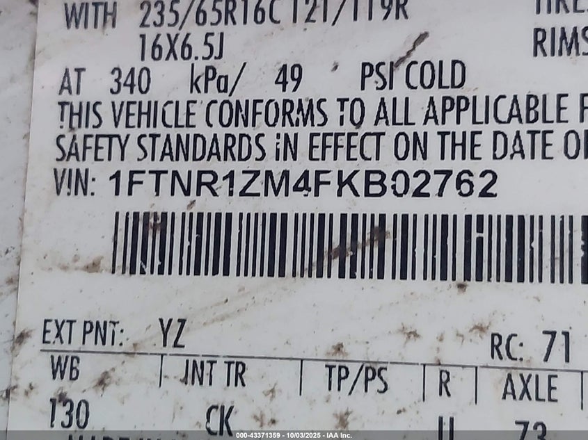 2015 Ford Transit-250 VIN: 1FTNR1ZM4FKB02762 Lot: 43371359