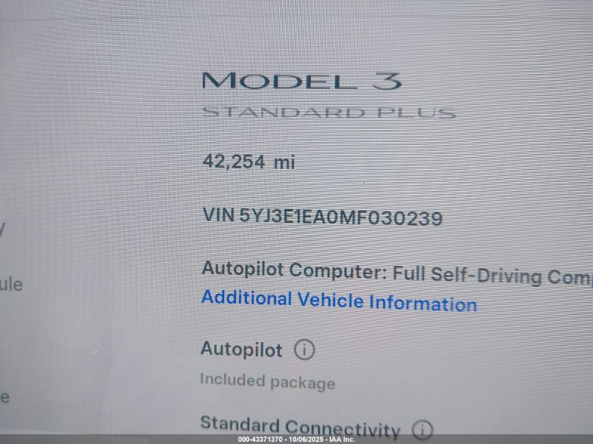 2021 Tesla Model 3 Standard Range Plus Rear-Wheel Drive VIN: 5YJ3E1EA0MF030239 Lot: 43371370