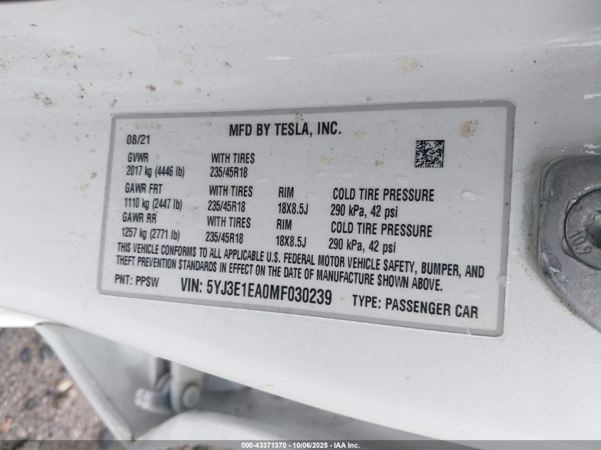 2021 Tesla Model 3 Standard Range Plus Rear-Wheel Drive VIN: 5YJ3E1EA0MF030239 Lot: 43371370
