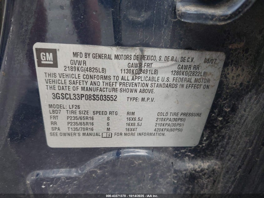 2008 Saturn Vue 4-Cyl Xe VIN: 3GSCL33P08S503552 Lot: 43371378