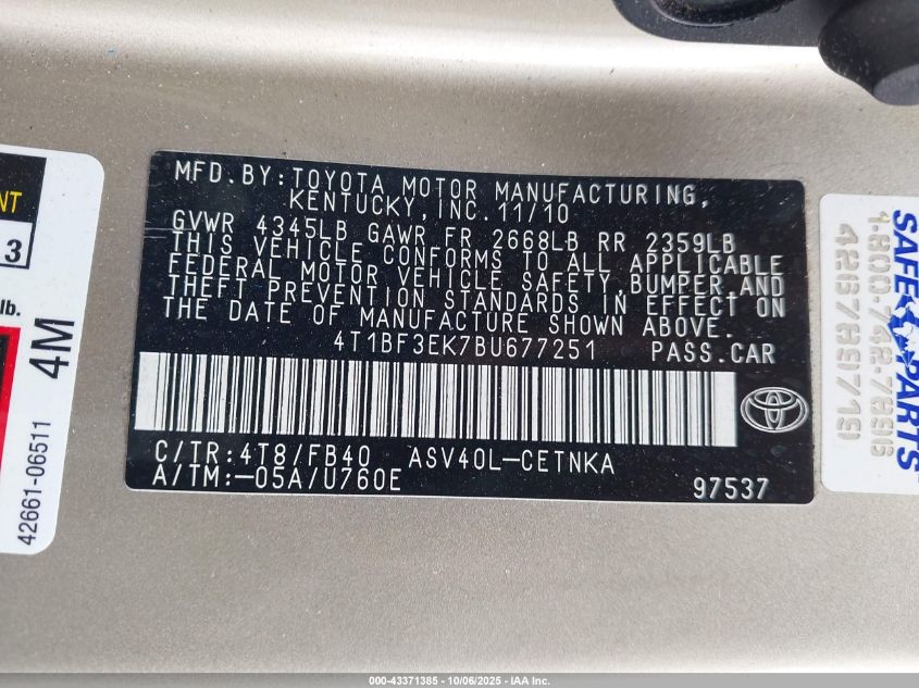 2011 Toyota Camry VIN: 4T1BF3EK7BU677251 Lot: 43371385