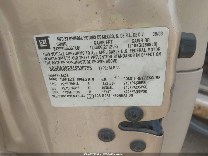 2004 Buick Rendezvous Cx VIN: 3G5DA03E24S530756 Lot: 43371394