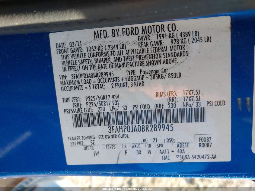 2011 Ford Fusion Sel VIN: 3FAHP0JA0BR289945 Lot: 43371404