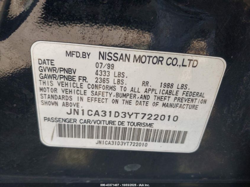 2000 Nissan Maxima Gle/Gxe/Se VIN: JN1CA31D3YT722010 Lot: 43371407