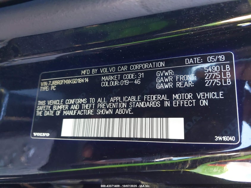 2019 VOLVO S60 HYBRID T8 R-DESIGN 7JRBR0FMXKG018414