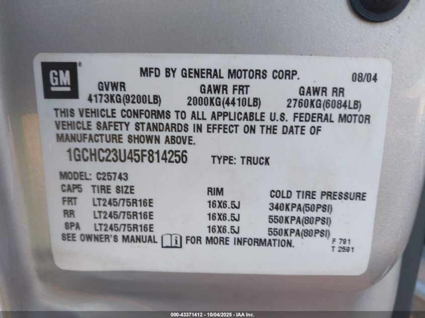 2005 Chevrolet Silverado 2500Hd Ls VIN: 1GCHC23U45F814256 Lot: 43371412