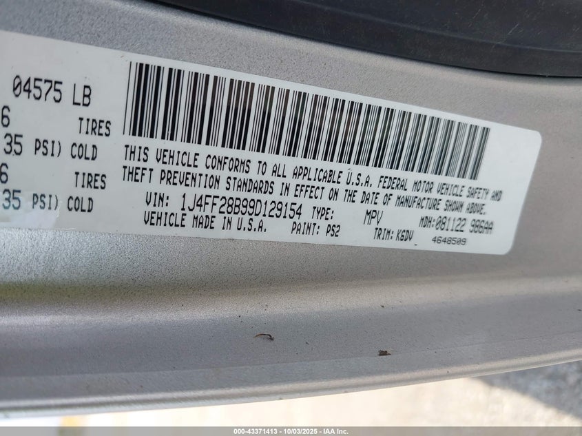 2009 Jeep Patriot Sport VIN: 1J4FF28B99D129154 Lot: 43371413