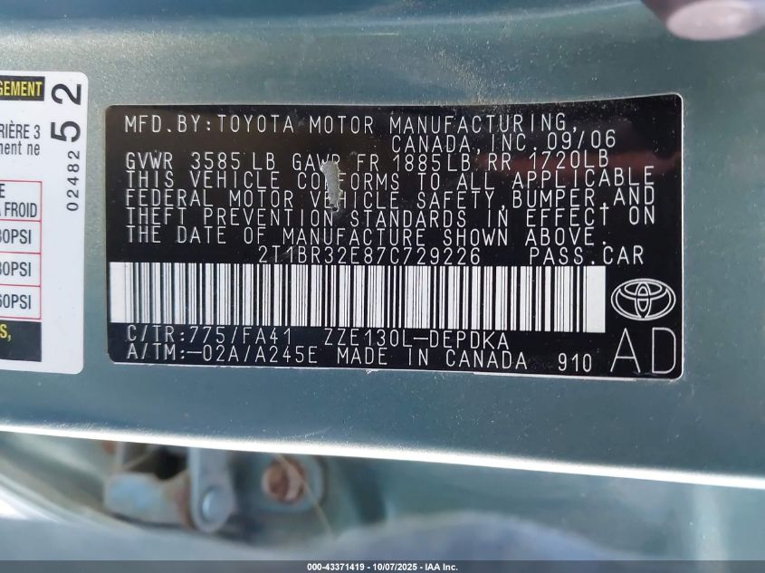 2007 Toyota Corolla Ce VIN: 2T1BR32E87C729226 Lot: 43371419