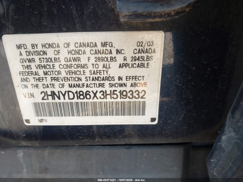 2003 Acura Mdx VIN: 2HNYD186X3H519332 Lot: 43371421