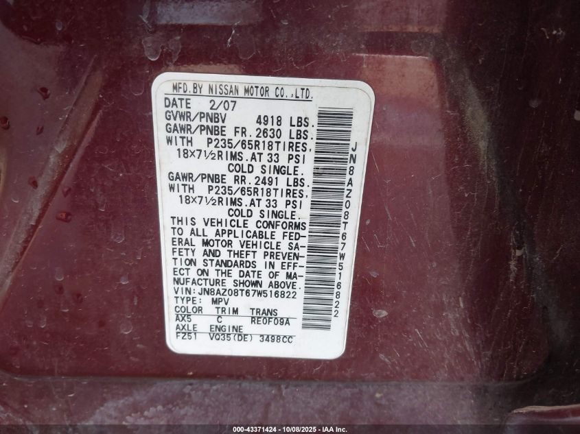 2007 Nissan Murano Sl VIN: JN8AZ08T67W516822 Lot: 43371424