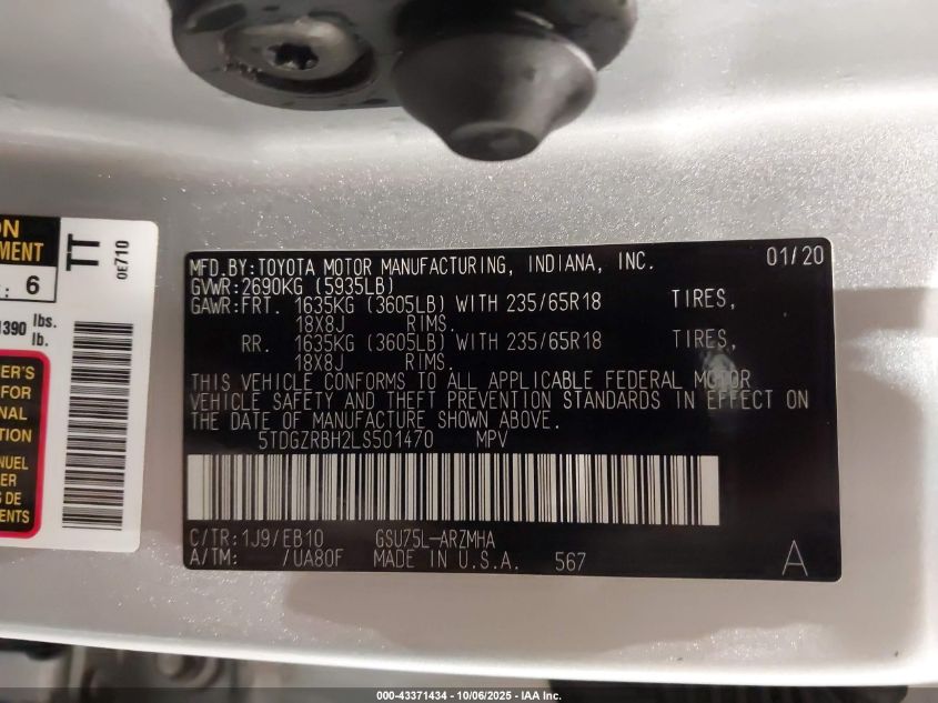 2020 Toyota Highlander Xle VIN: 5TDGZRBH2LS501470 Lot: 43371434