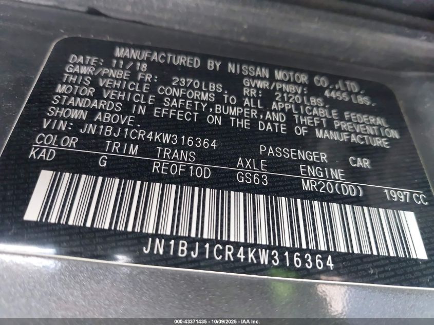 2019 Nissan Rogue Sport S VIN: JN1BJ1CR4KW316364 Lot: 43371435