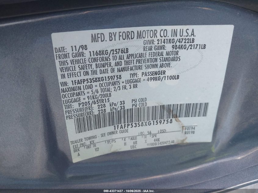 1999 Ford Taurus Se/Se-Ne VIN: 1FAFP53S8XG159758 Lot: 43371437