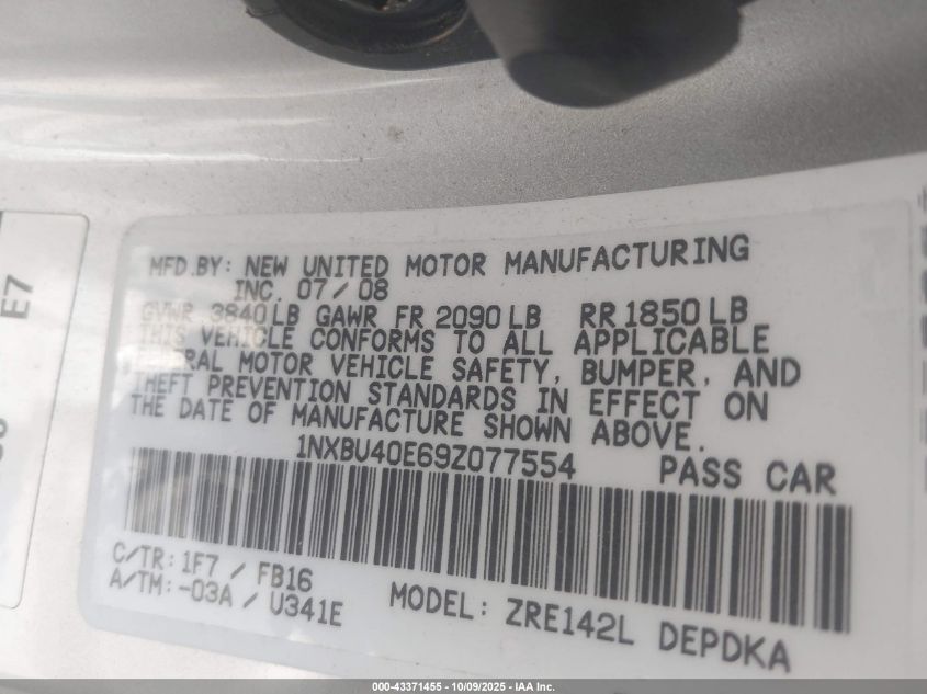 2009 Toyota Corolla Le VIN: 1NXBU40E69Z077554 Lot: 43371455