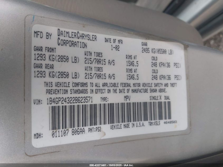 2002 Dodge Grand Caravan Se VIN: 1B4GP24322B623571 Lot: 43371461