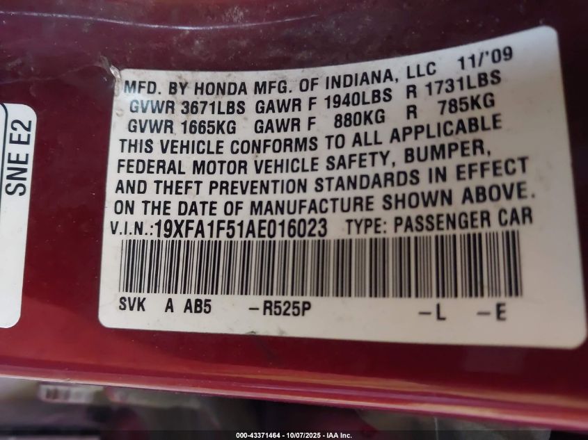 2010 Honda Civic Lx VIN: 19XFA1F51AE016023 Lot: 43371464