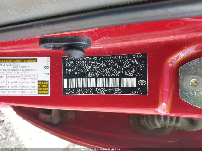 2010 Toyota Prius Iii VIN: JTDKN3DU0A0072603 Lot: 43371478