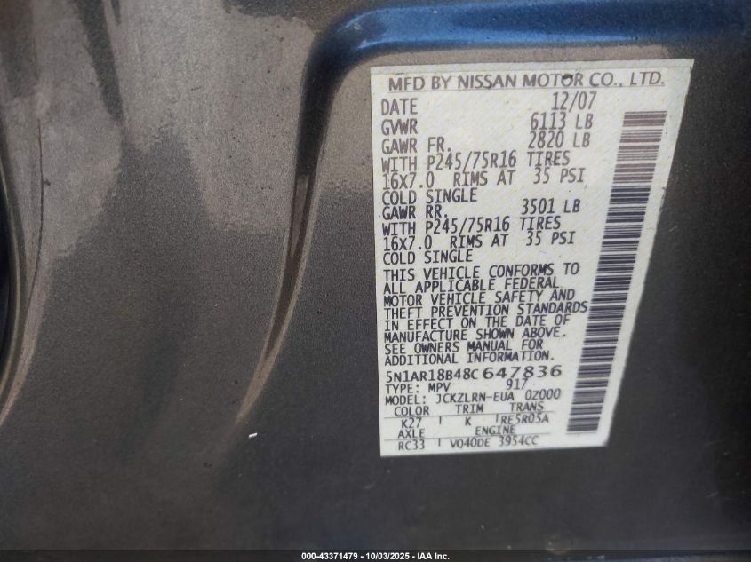 2008 Nissan Pathfinder S VIN: 5N1AR18B48C647836 Lot: 43371479