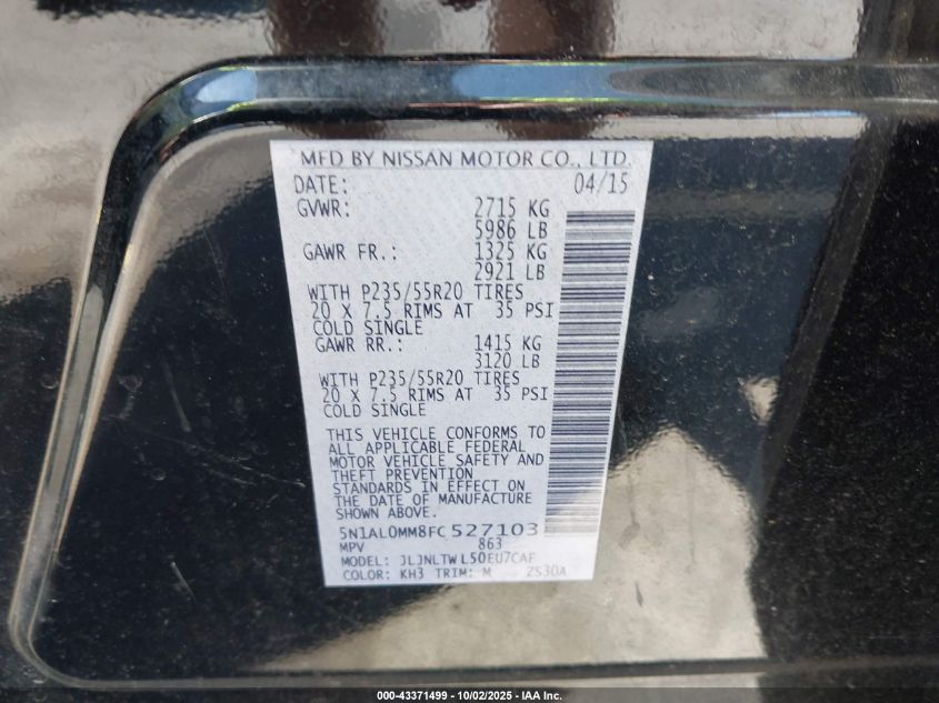 2015 Infiniti Qx60 VIN: 5N1AL0MM8FC527103 Lot: 43371499