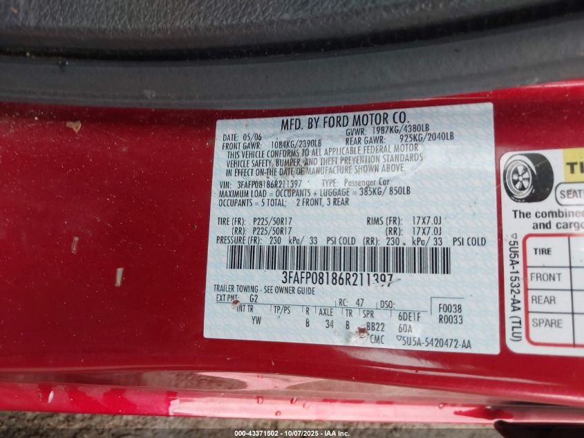 2006 Ford Fusion Sel VIN: 3FAFP08186R211397 Lot: 43371502