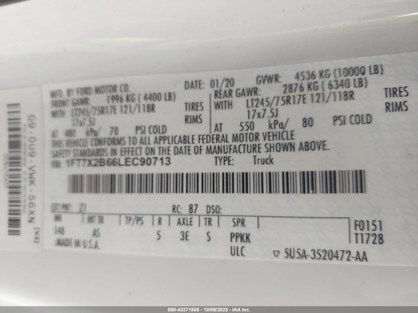 2020 Ford F-250 Xl VIN: 1FT7X2B66LEC90713 Lot: 43371505