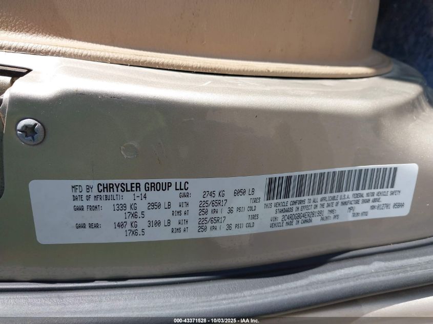 2014 Dodge Grand Caravan American Value Pkg VIN: 2C4RDGBG4ER281991 Lot: 43371528