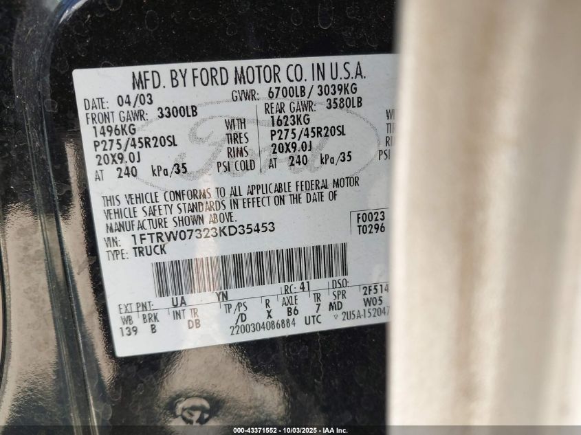 2003 Ford F-150 Lariat VIN: 1FTRW07323KD35453 Lot: 43371552