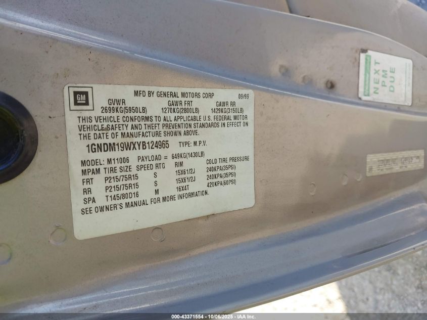 2000 Chevrolet Astro VIN: 1GNDM19WXYB124965 Lot: 43371554