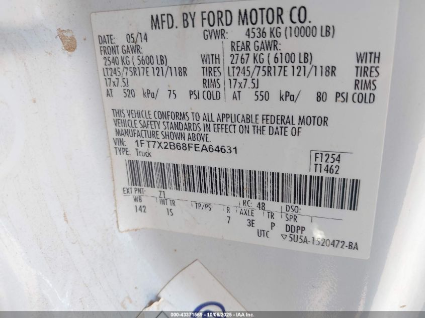 2015 Ford F-250 Xl VIN: 1FT7X2B68FEA64631 Lot: 43371569