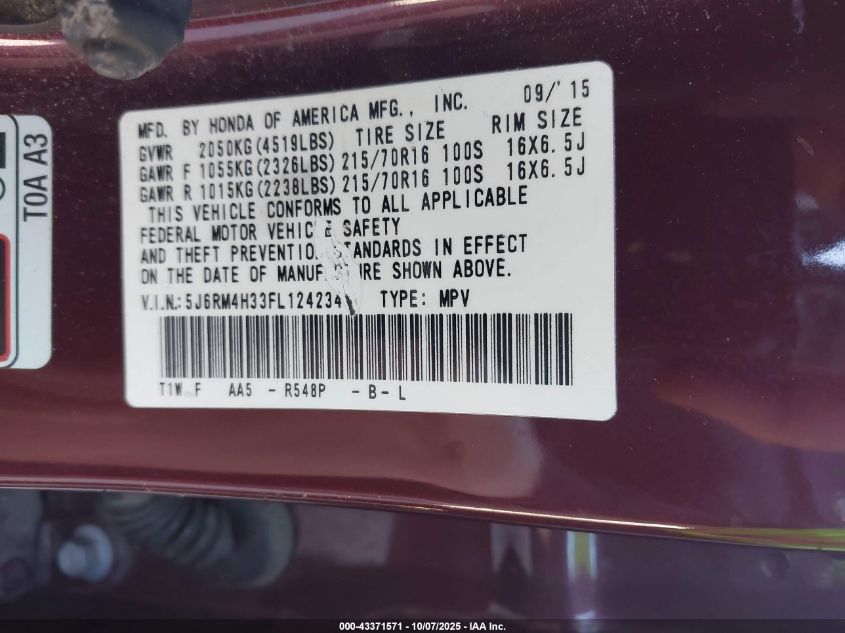 2015 Honda Cr-V Lx VIN: 5J6RM4H33FL124234 Lot: 43371571