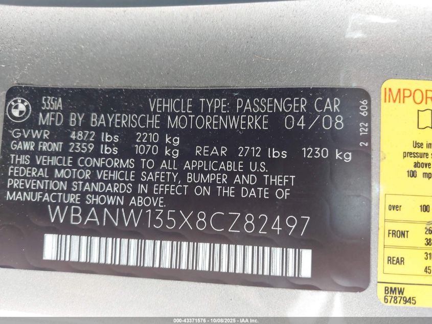 2008 BMW 535I VIN: WBANW135X8CZ82497 Lot: 43371576