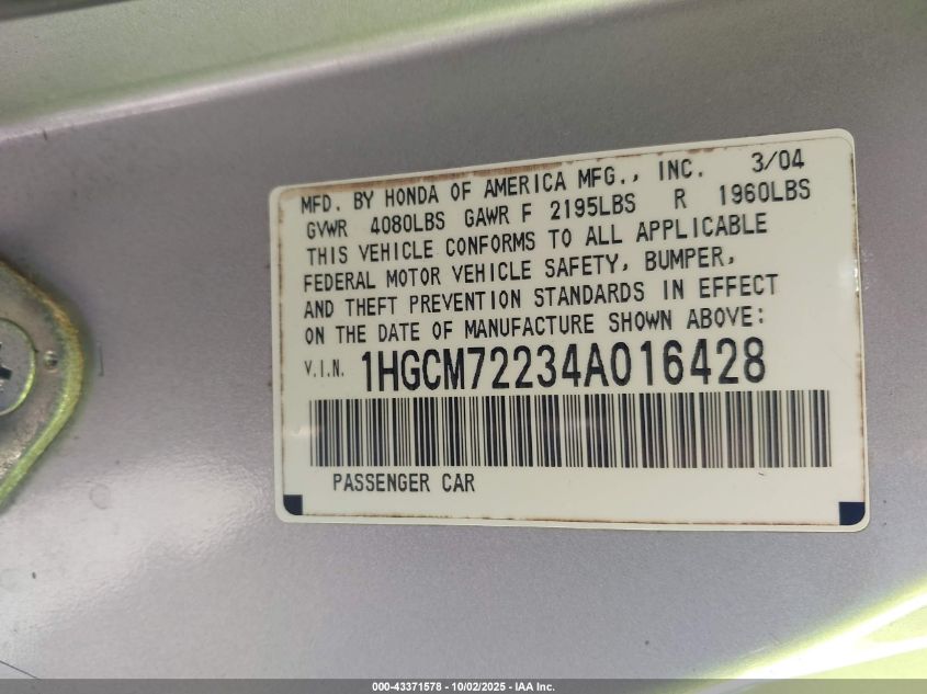2004 Honda Accord 2.4 Lx VIN: 1HGCM72234A016428 Lot: 43371578