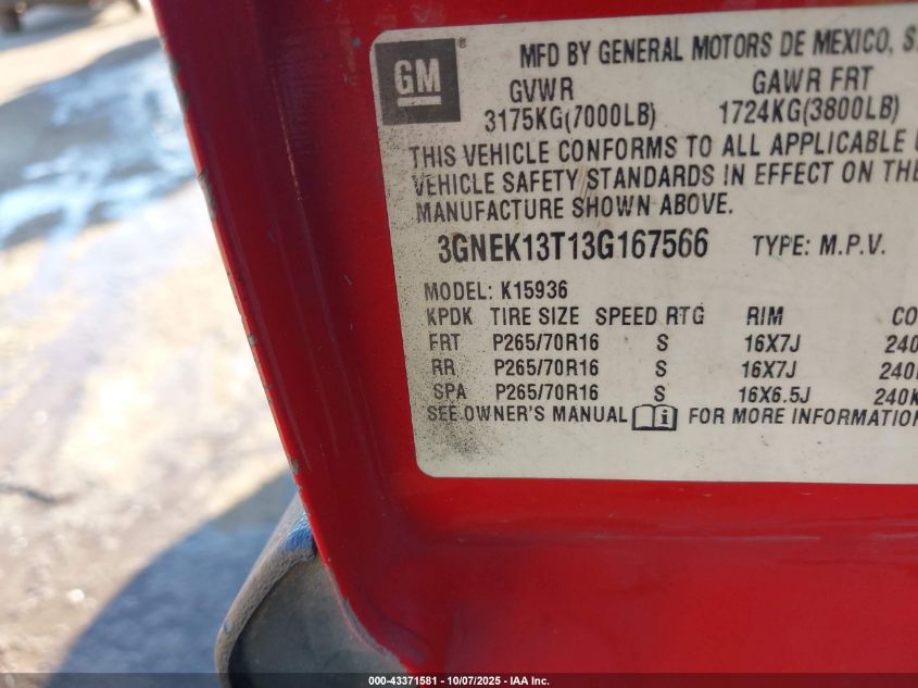 2003 Chevrolet Avalanche 1500 VIN: 3GNEK13T13G167566 Lot: 43371581