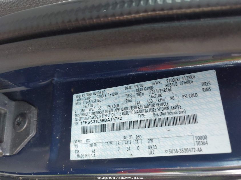 2009 Ford E-350 Super Duty Xl VIN: 1FBSS31L69DA14752 Lot: 43371588