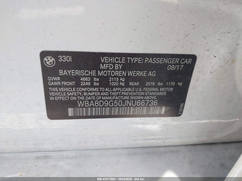 2018 BMW 330I XDRIVE WBA8D9G50JNU66736