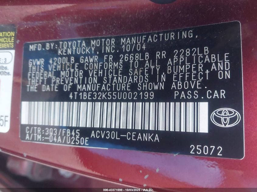 2005 Toyota Camry Le VIN: 4T1BE32K55U002199 Lot: 43371598