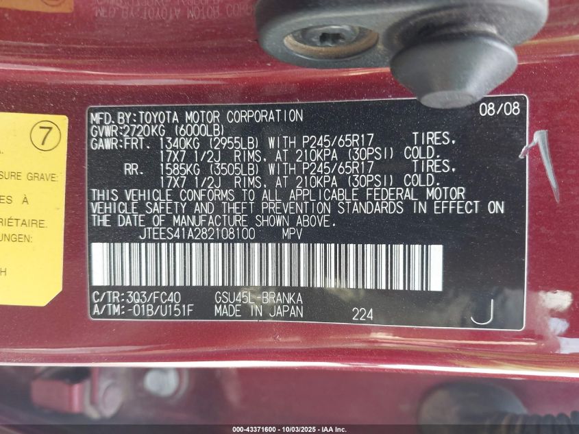 2008 Toyota Highlander VIN: JTEES41A282108100 Lot: 43371600