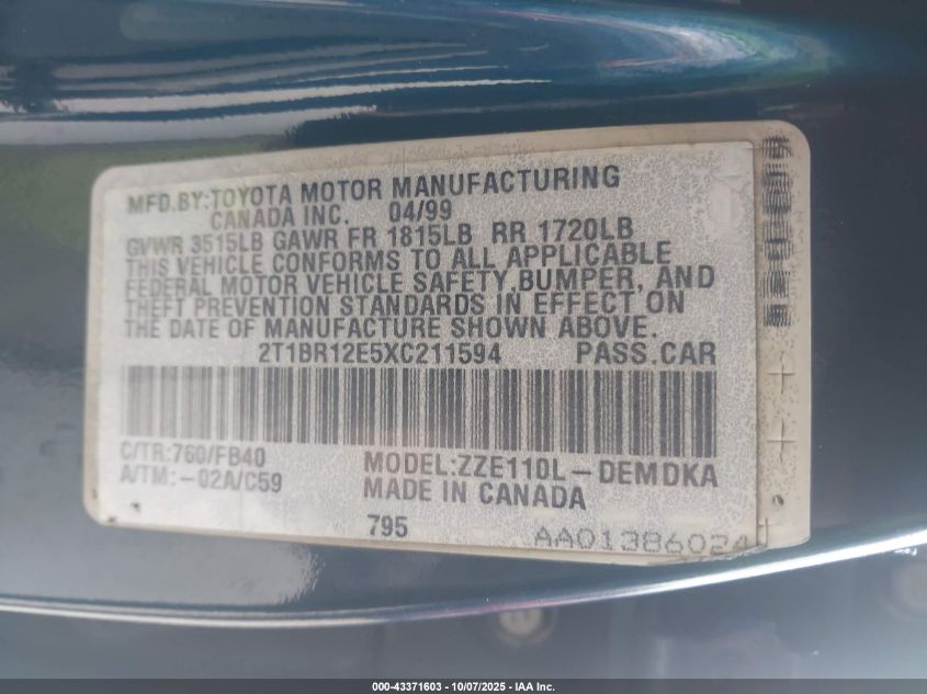 1999 Toyota Corolla Ce VIN: 2T1BR12E5XC211594 Lot: 43371603