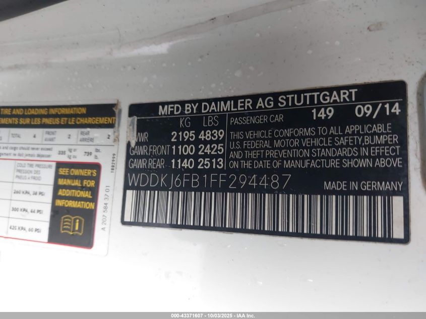 2015 Mercedes-Benz E 400 VIN: WDDKJ6FB1FF294487 Lot: 43371607