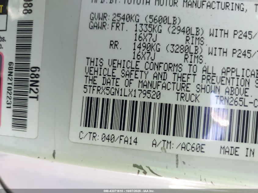 2020 Toyota Tacoma Sr VIN: 5TFRX5GN1LX179520 Lot: 43371610