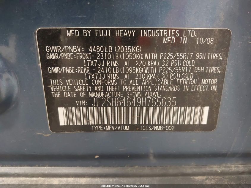 2009 Subaru Forester 2.5X Limited VIN: JF2SH64649H765635 Lot: 43371624