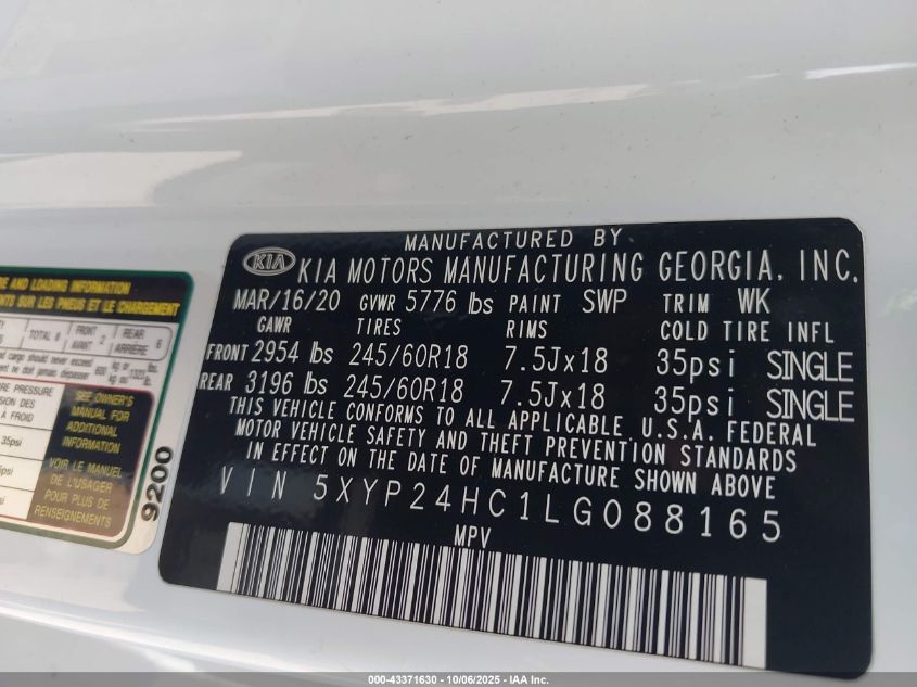 2020 Kia Telluride Lx VIN: 5XYP24HC1LG088165 Lot: 43371630