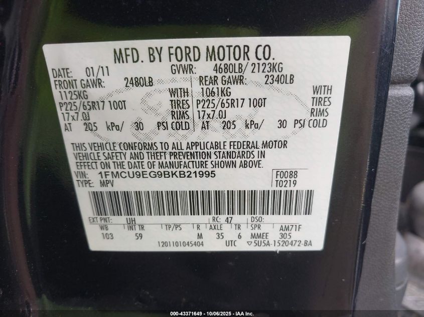 2011 Ford Escape Limited VIN: 1FMCU9EG9BKB21995 Lot: 43371649