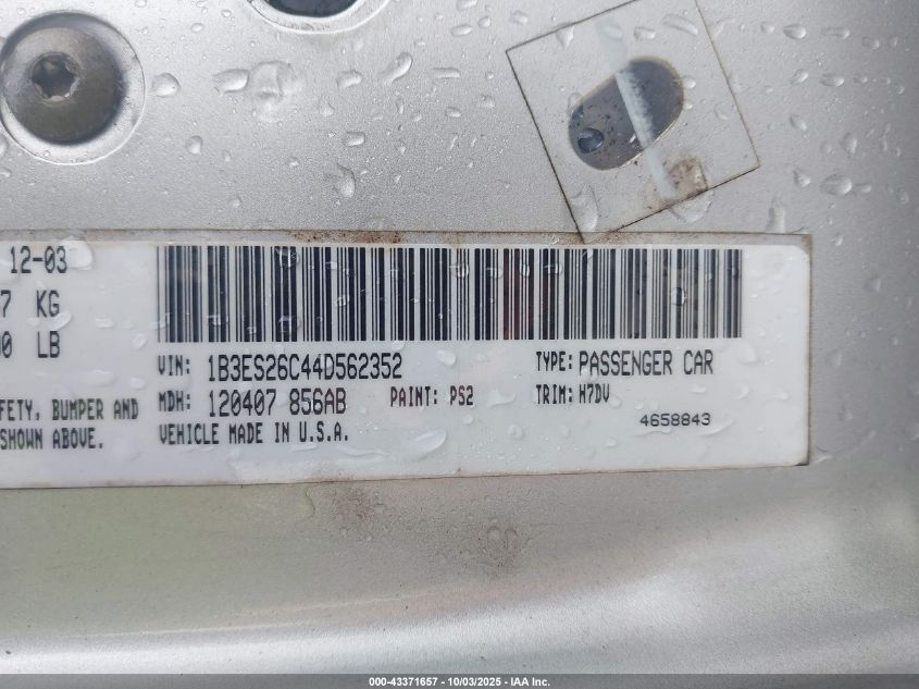 2004 Dodge Neon Se VIN: 1B3ES26C44D562352 Lot: 43371657