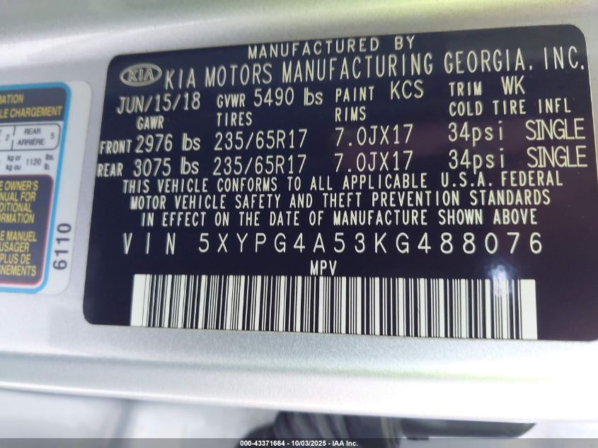 2019 Kia Sorento 3.3L Lx VIN: 5XYPG4A53KG488076 Lot: 43371664