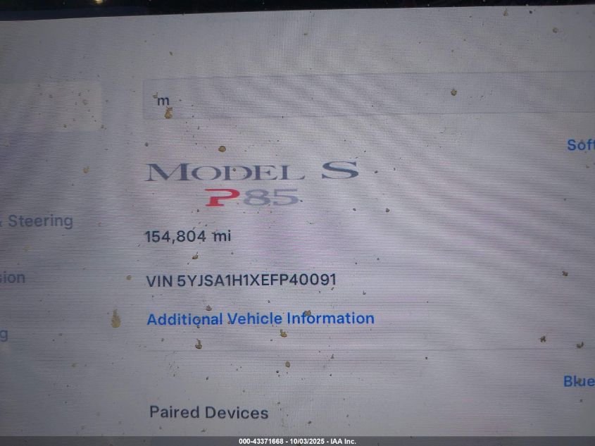 2014 Tesla Model S P85 VIN: 5YJSA1H1XEFP40091 Lot: 43371668