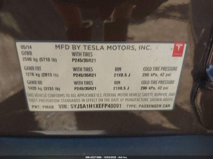 2014 Tesla Model S P85 VIN: 5YJSA1H1XEFP40091 Lot: 43371668