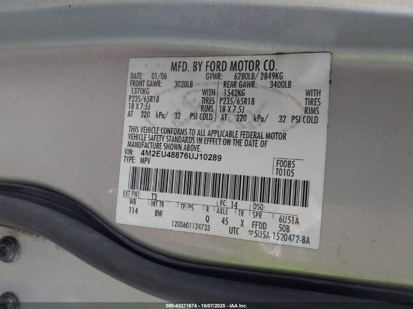 2006 Mercury Mountaineer VIN: 4M2EU488764J10289 Lot: 43371674